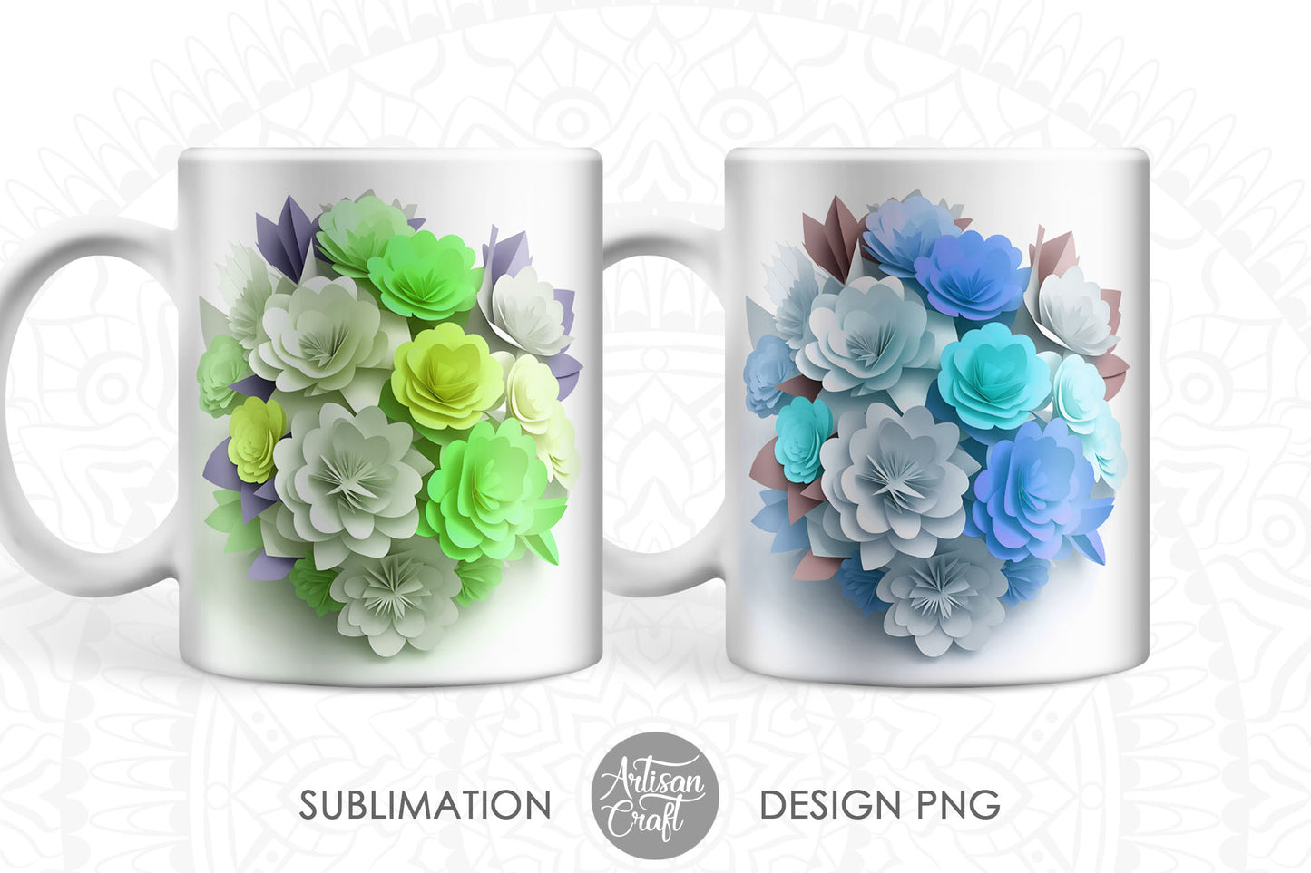 3D Flower mug wrap, 11oz mug, sublimation design, 3D paper flower bouquet