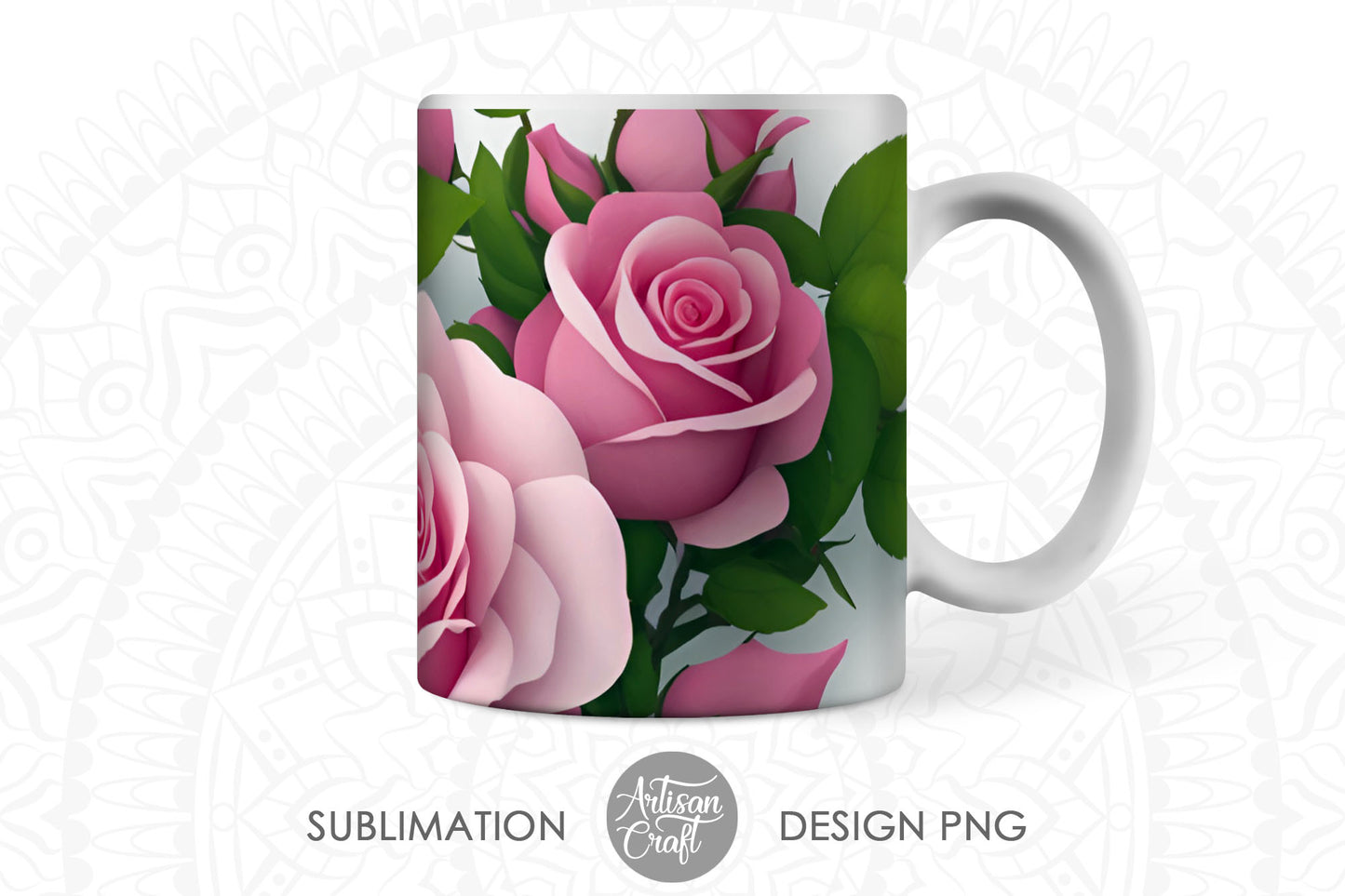 3D Roses mug sublimation design, 11oz Mug template