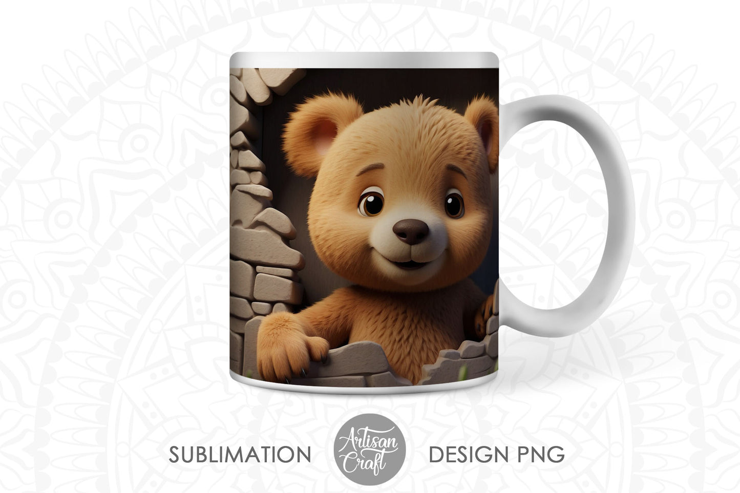 3D Teddy Bear, 3D Hole Mug, breakthrough mug, 11oz mug PNG