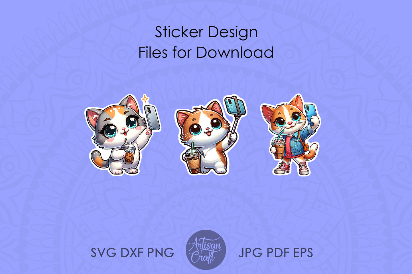 Cute Cat Sticker, Cat Selfie, cold coffee cup