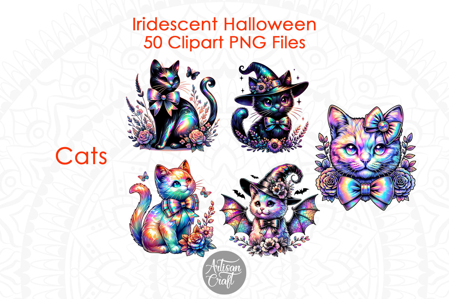 Iridescent Halloween Clipart, Halloween ghost, Coquette bow, dancing skeletons, cats, bats, witches hat, sugar skull, 50 PNG Images