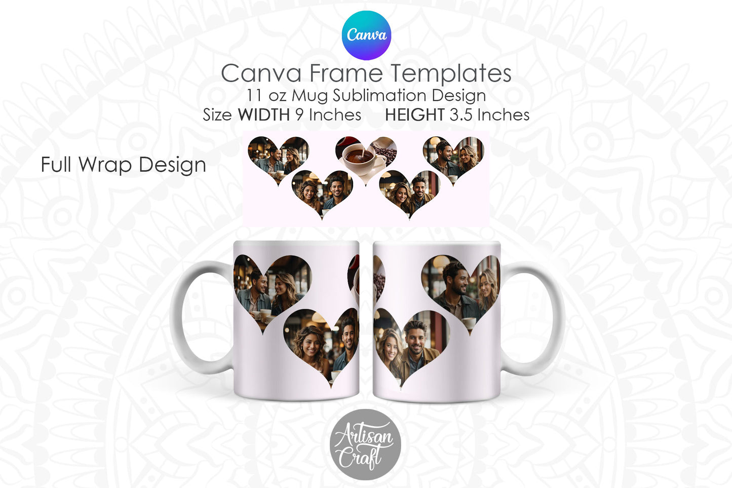 Canva Mug Template, Heart Photo Mug, Canva Frames, 11oz mug