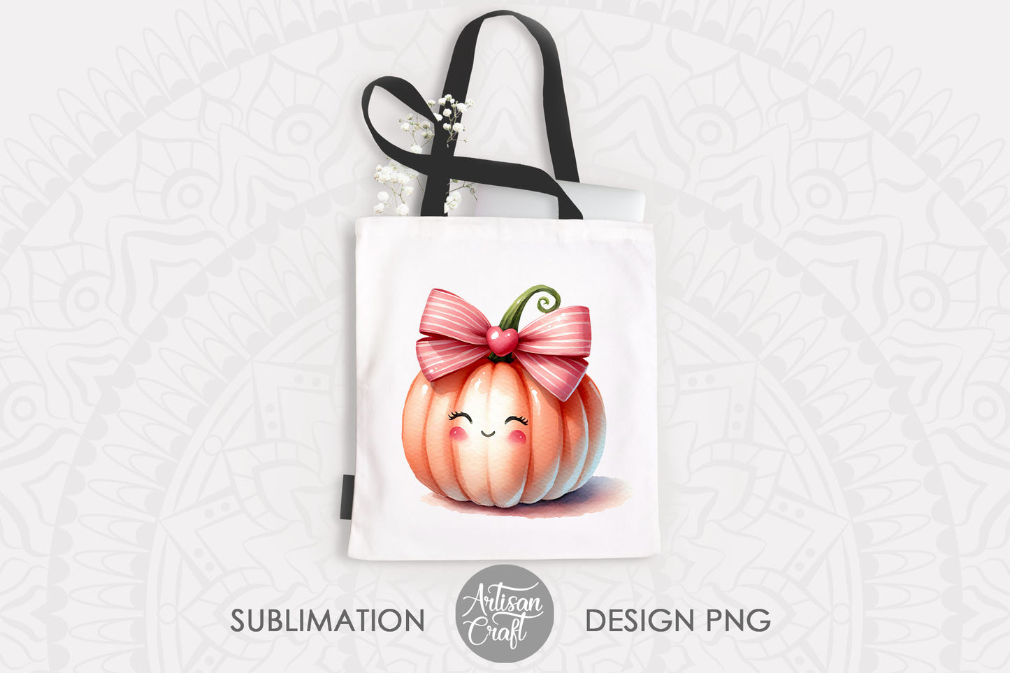 Pumpkin with pink Coquette Bow, kawaii art