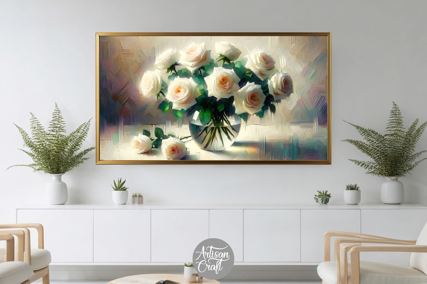 White rose Frame TV art, white flowers TV art, vase roses décor