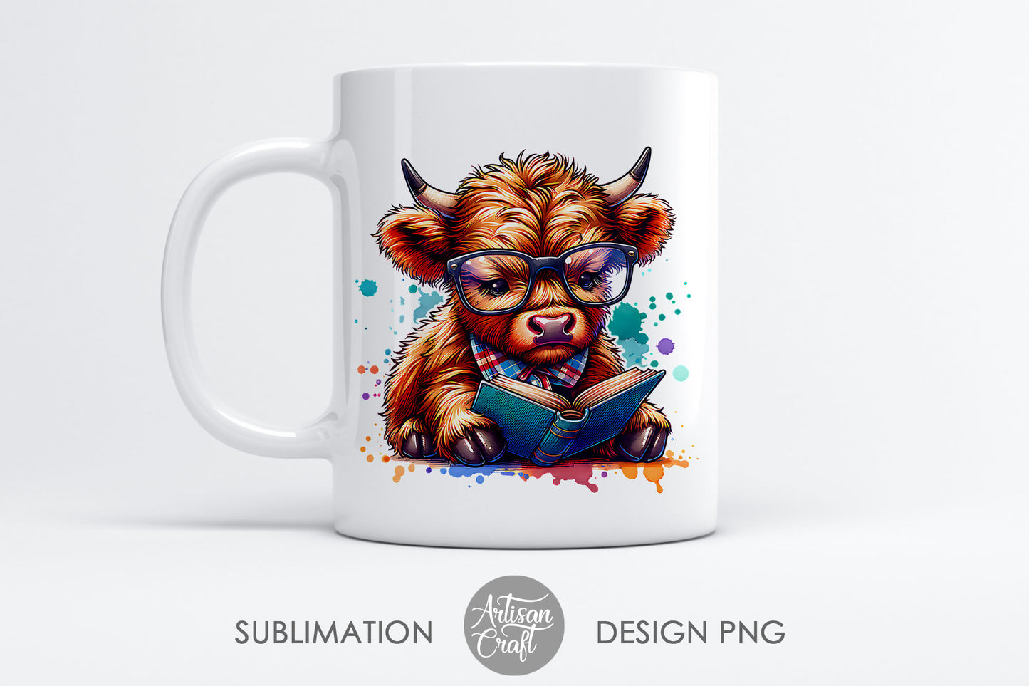 Highland Cow Reading a book, PNG