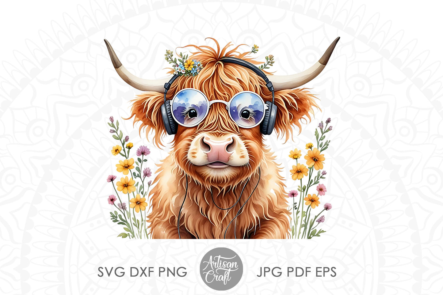 Highland cow with sunglasses, flowers and headphones PNG