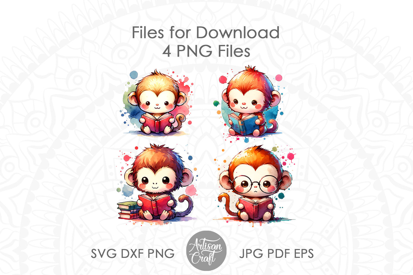 Cute Monkey reading book watercolor clipart bundle