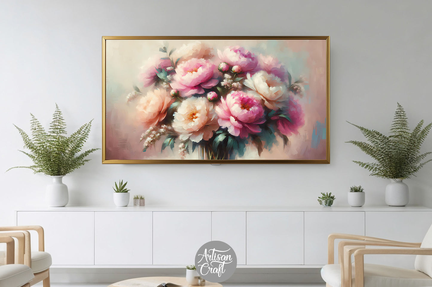Peony Frame TV art, bouquet of peony flowers, pink peony
