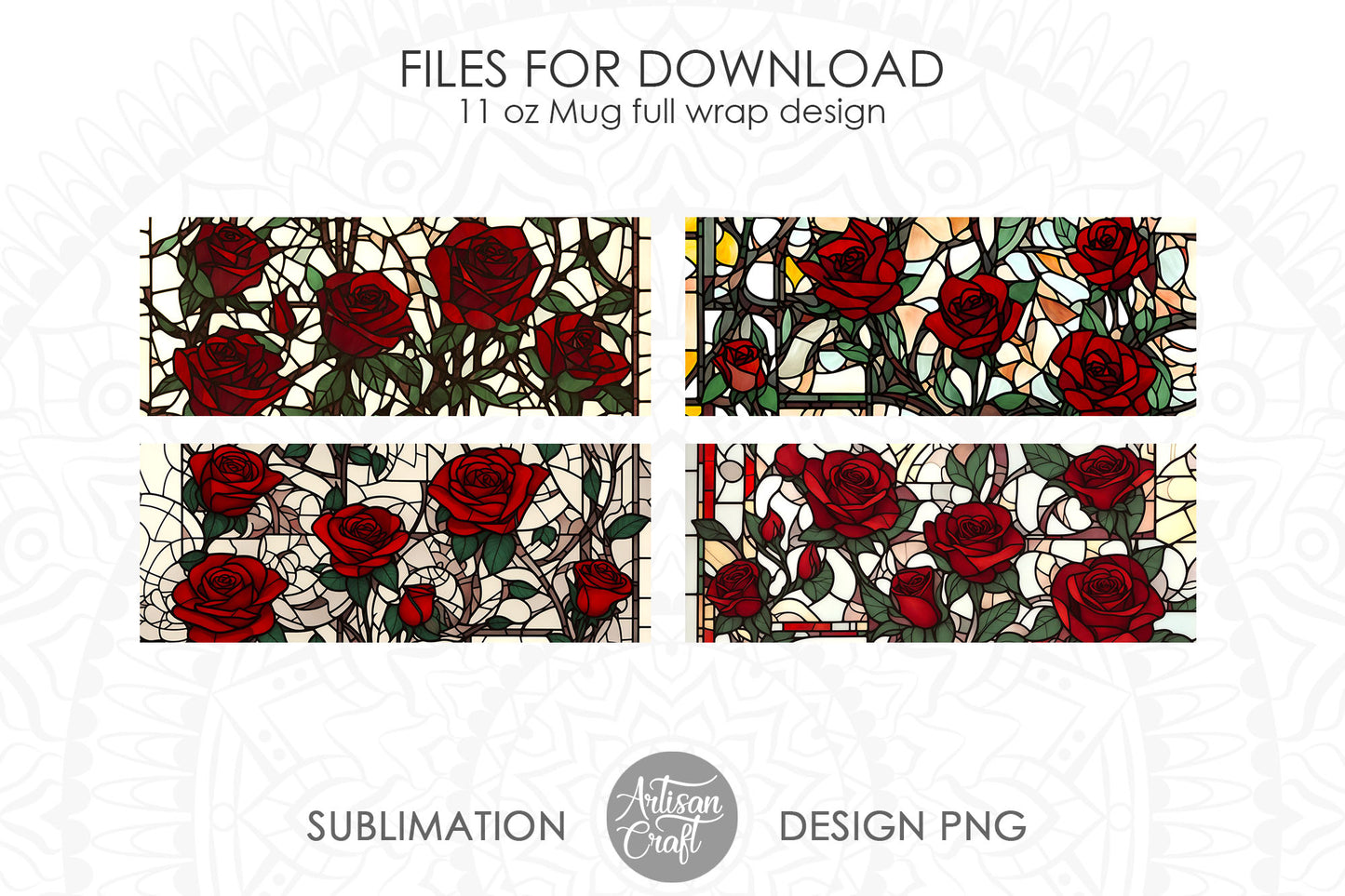 Stained glass roses mug sublimation wraps, 11oz mug