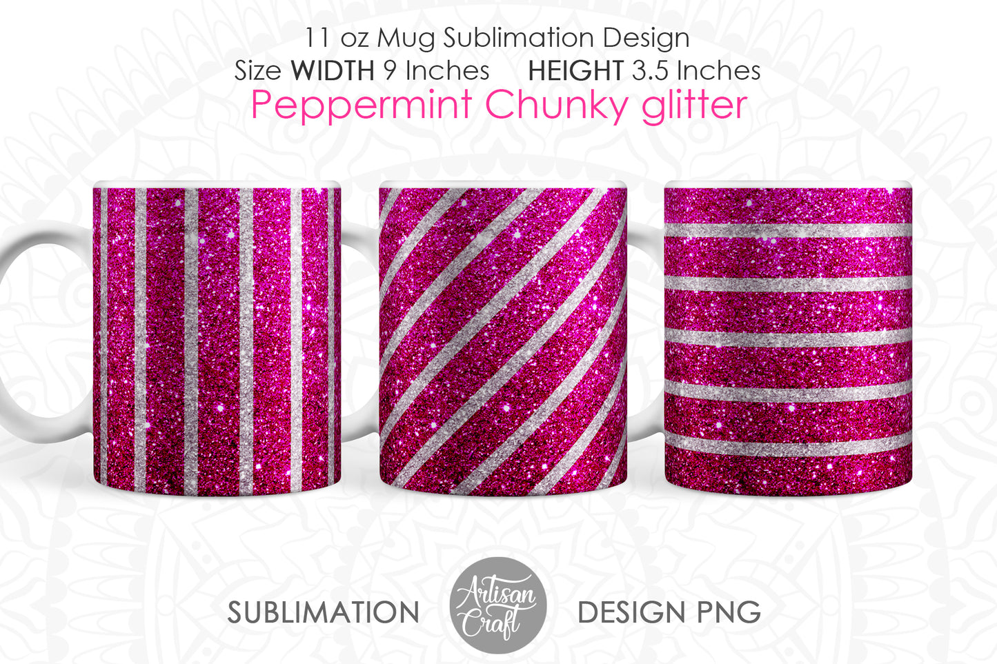 Christmas mug PNG sublimation bundle showing pink peppermint stripes