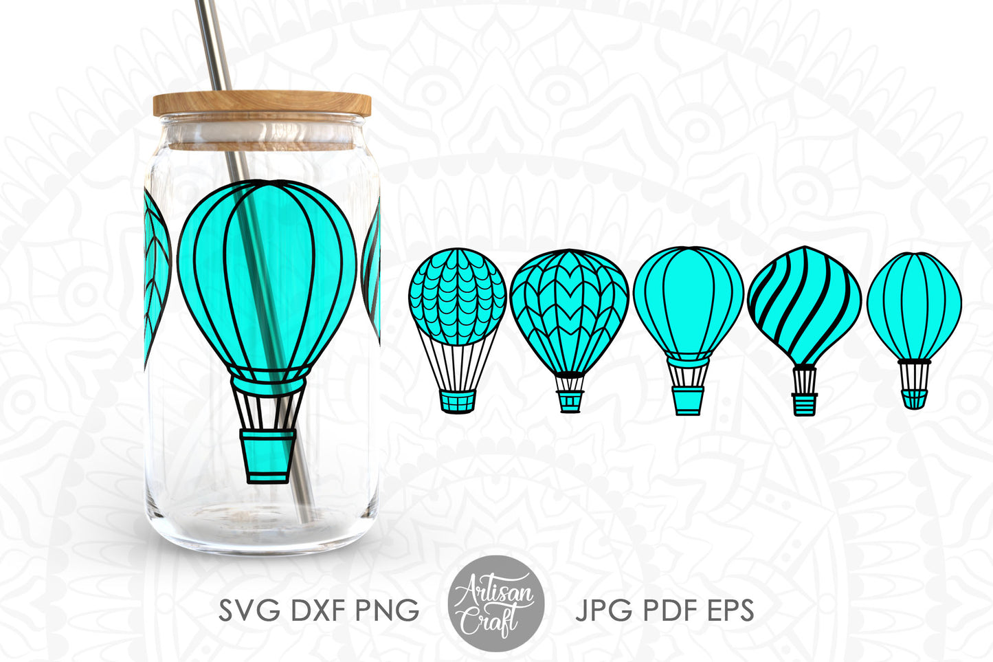 16oz glass can SVG showing hot air balloons