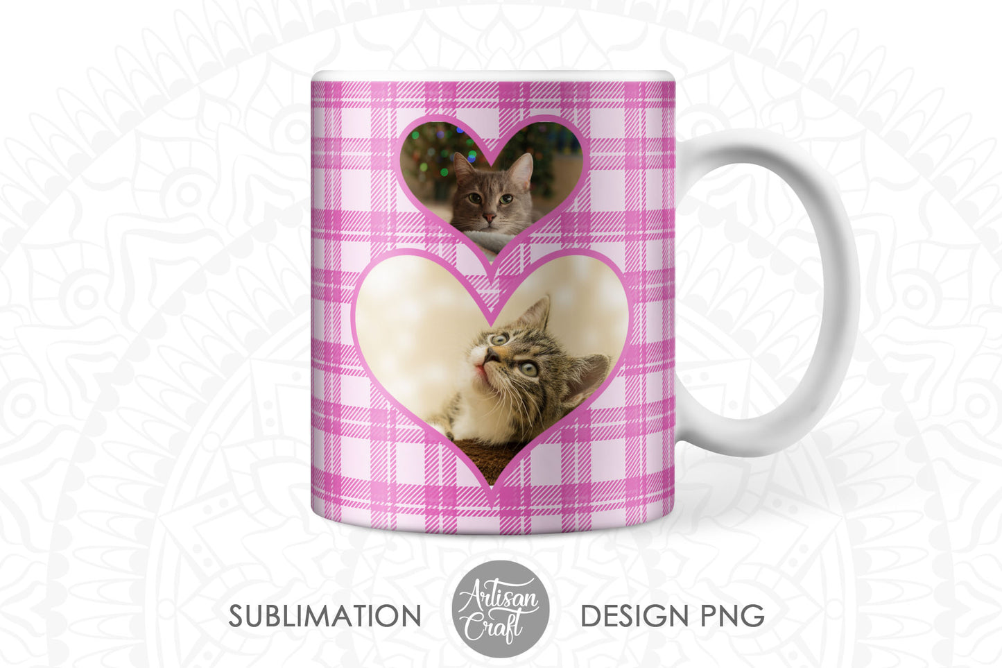Photo mug sublimation designs with pink plaid hearts