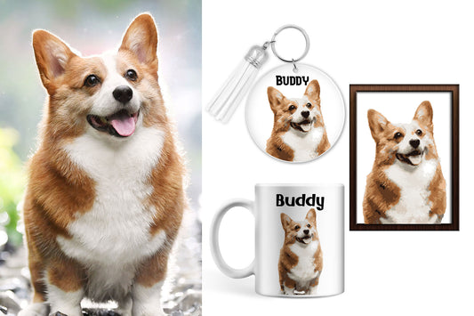 Custom dog portrait can be ordered from Etsy which can be printed on mugs, posters and keychains 