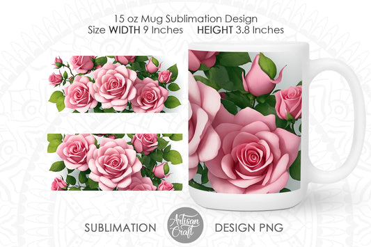 Rose Mug, 3D Flower Mug Wrap, 15oz mug PNG