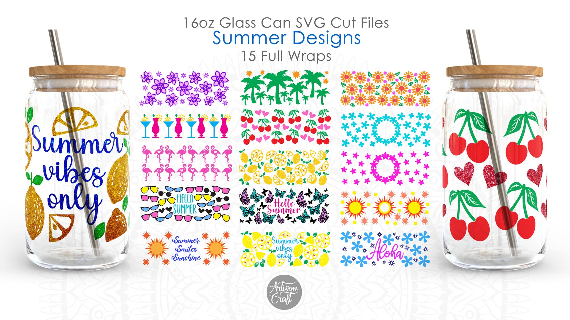 Load video: The 16oz Glass can SVG cut file bundle show summer inspired designs.