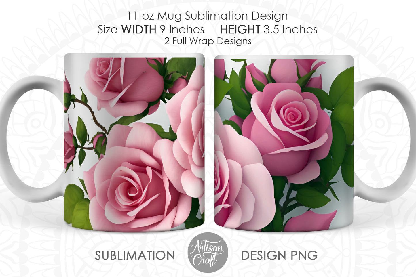 3D Roses mug sublimation design, 11oz Mug template