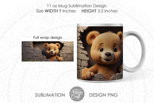 3D Teddy Bear, 3D Hole Mug, breakthrough mug, 11oz mug PNG