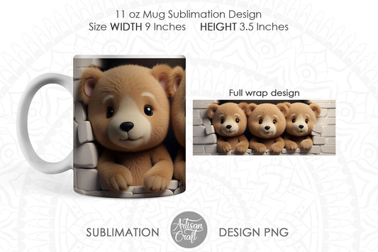 3D Teddy Bear 11oz mug PNG for sublimation