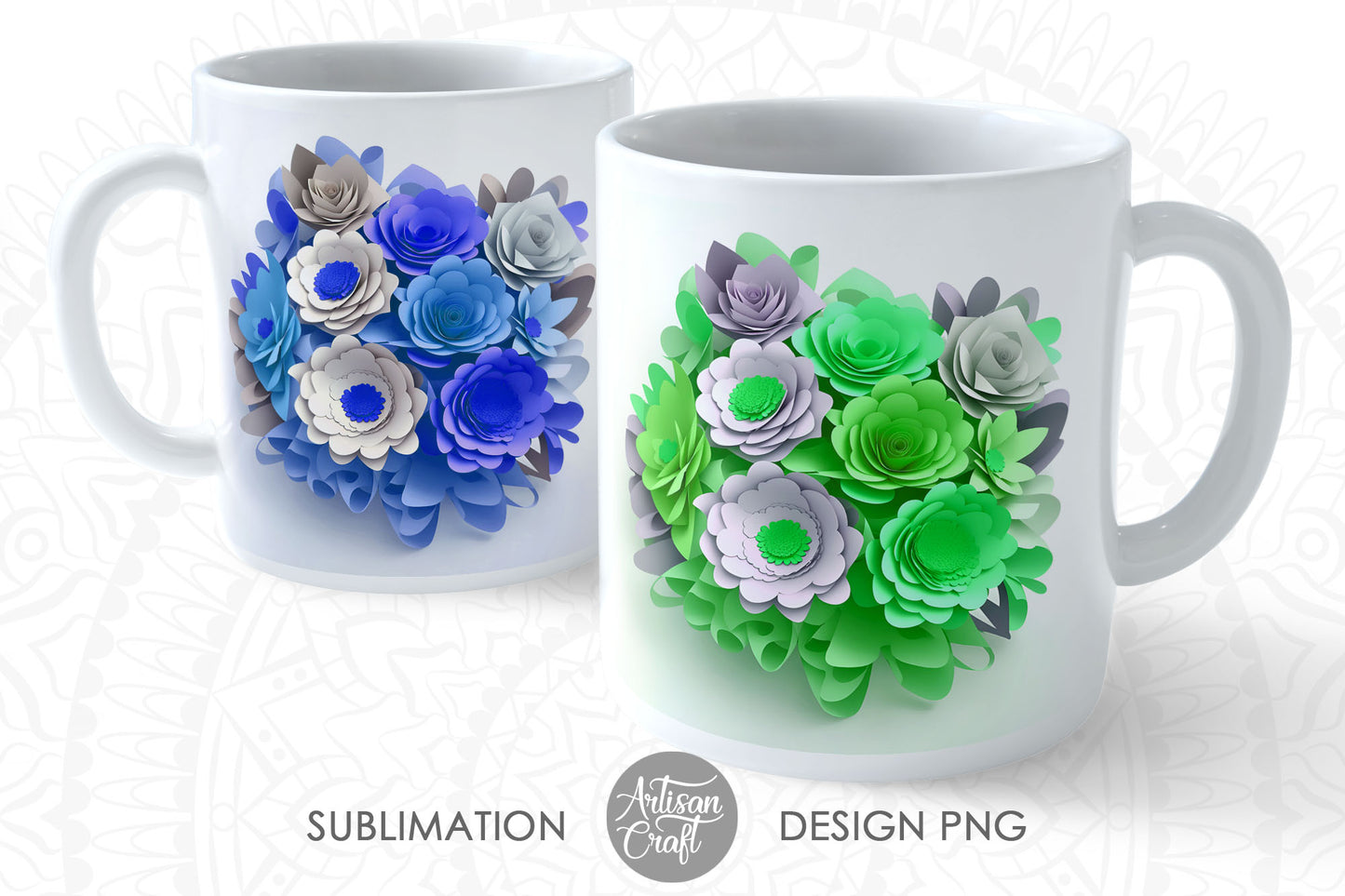 3D Floral mug, 3D paper flowers, 11oz mug template,