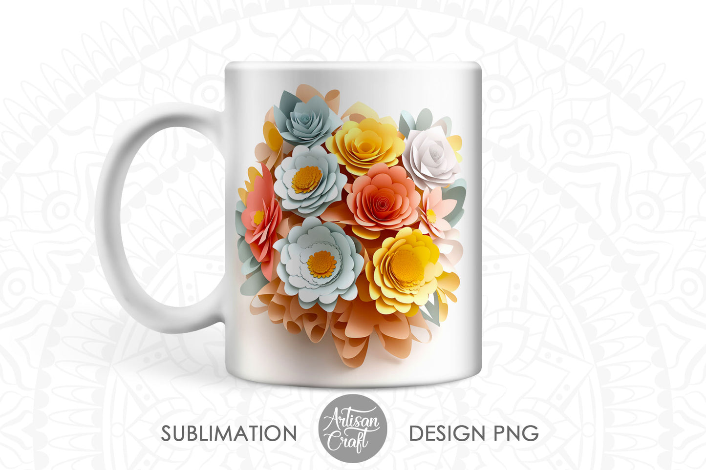 3D Floral mug, 3D paper flowers, 11oz mug template,