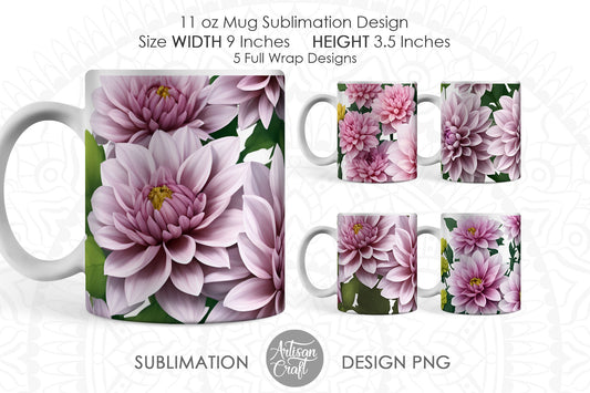 3D Dahlias mug sublimation designs, 3D flowers, 11oz mug, pink flowers