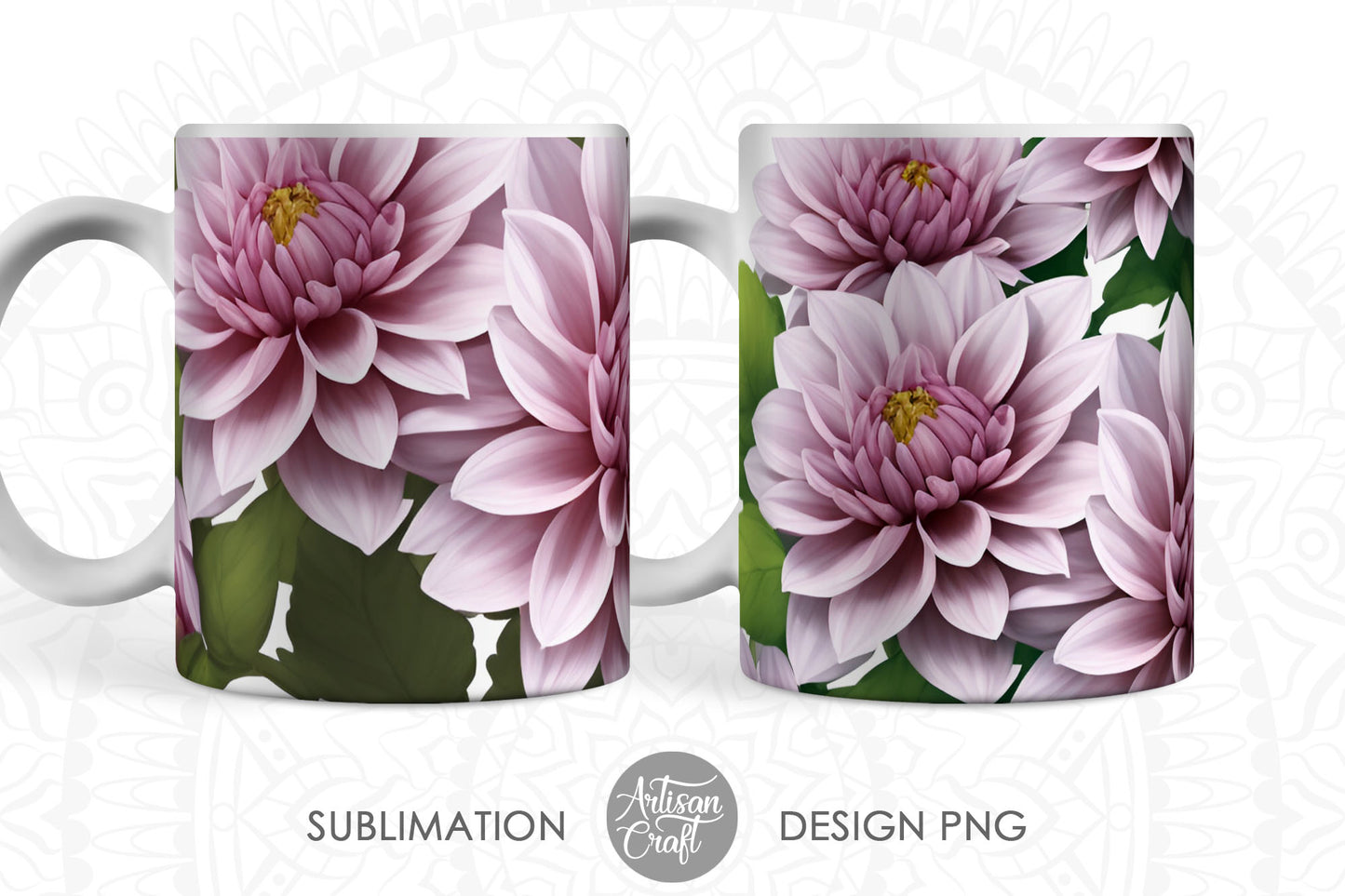 3D Dahlias mug sublimation designs, 3D flowers, 11oz mug, pink flowers