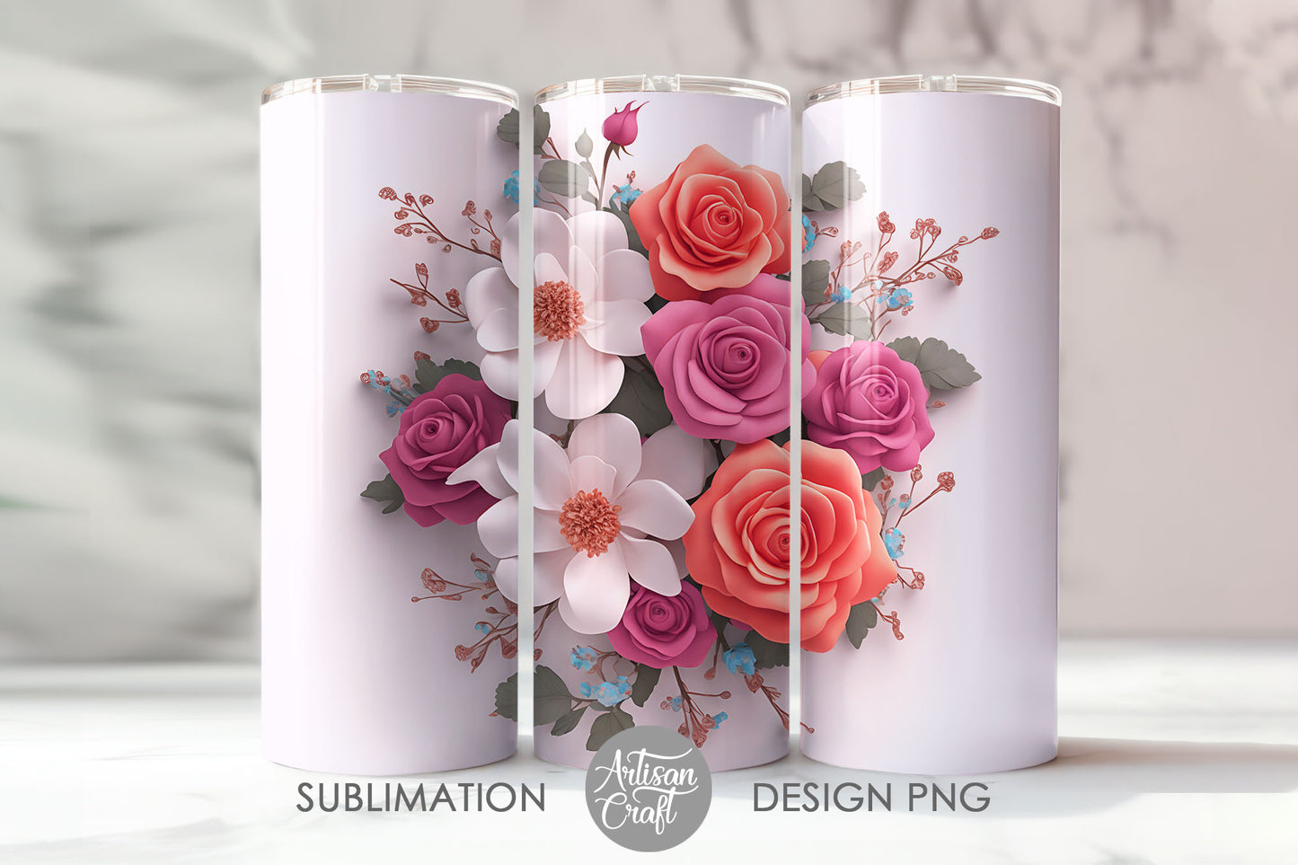 3D flower tumbler wrap with 3D roses and leaves
