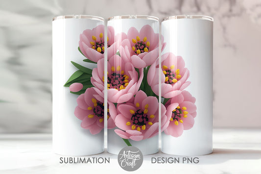 3D Pink Flowers, 20oz Skinny Tumbler