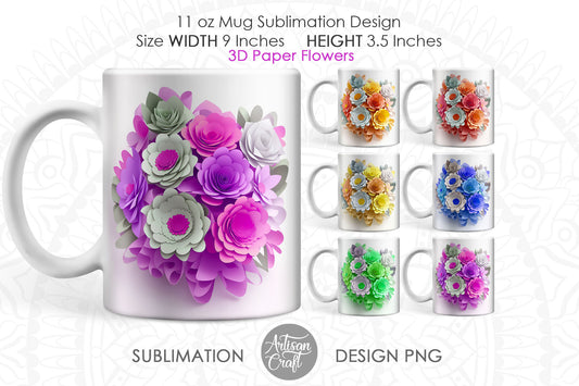 3D Floral mug, 3D paper flowers, 11oz mug template,
