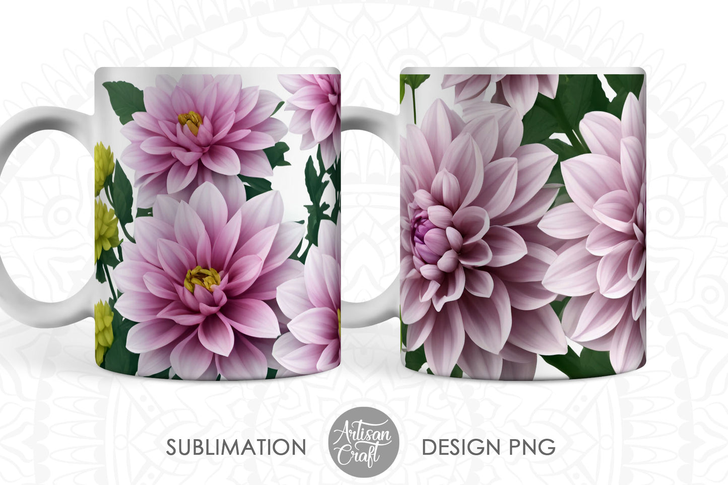 3D Dahlias mug sublimation designs, 3D flowers, 11oz mug, pink flowers