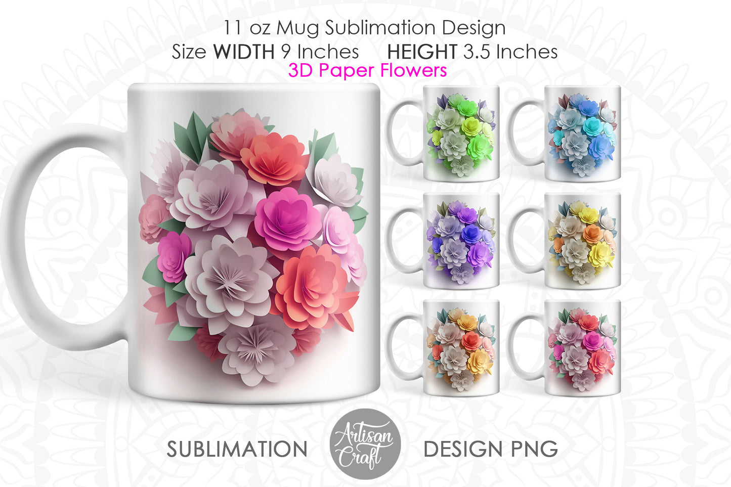 3D Flower mug wrap, 11oz mug, sublimation design, 3D paper flower bouquet