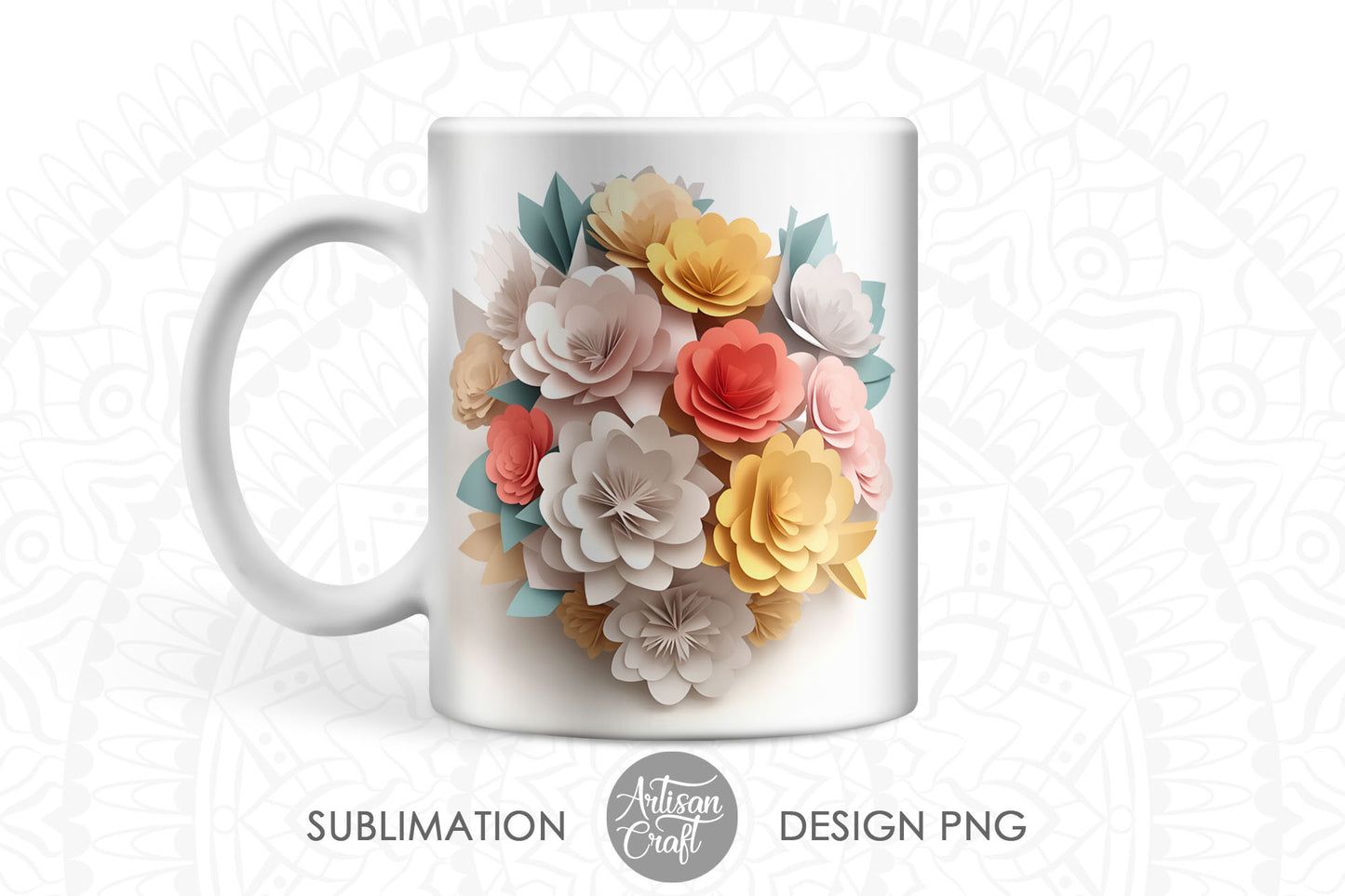 3D Flower mug wrap, 11oz mug, sublimation design, 3D paper flower bouquet