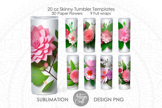3D Tumbler wrap bundle, 20oz skinny tumbler, 3D pink flowers