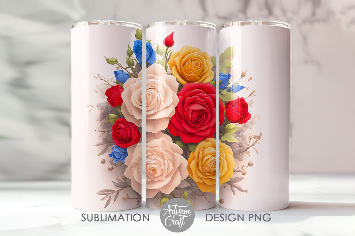 3d tumbler design, 3d roses, straight and tapered
