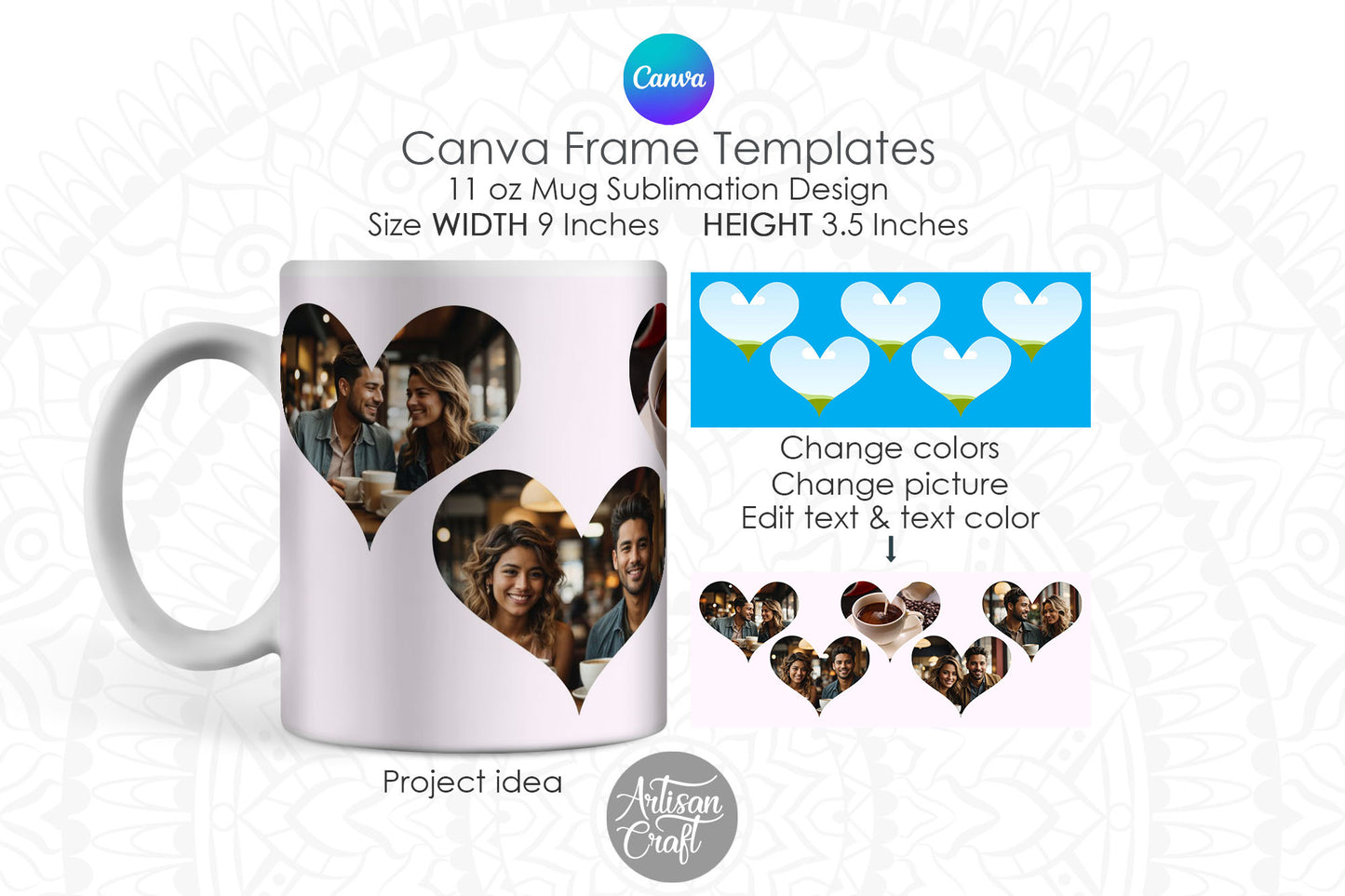 Canva Mug Template, Heart Photo Mug, Canva Frames, 11oz mug