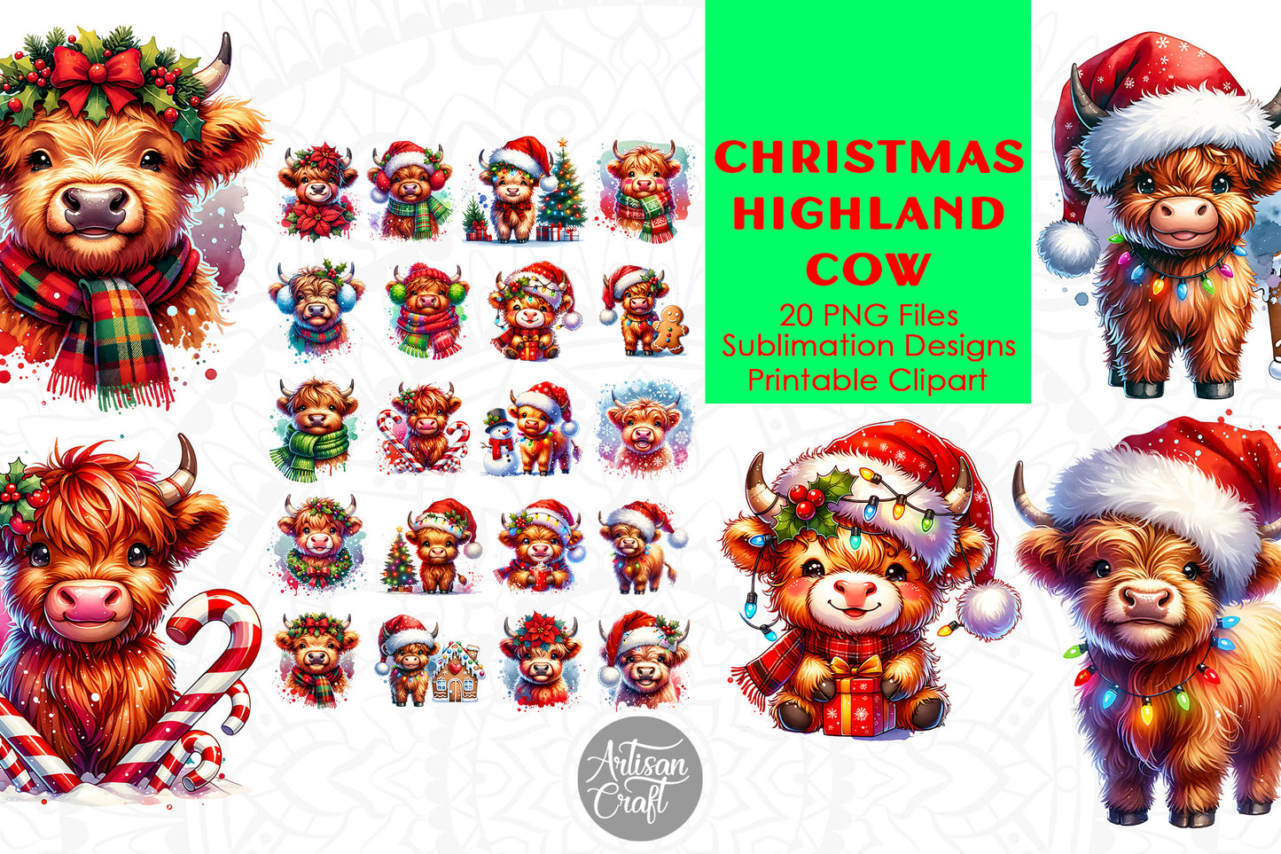 Christmas Highland Cow | Clipart | PNG | Sublimation