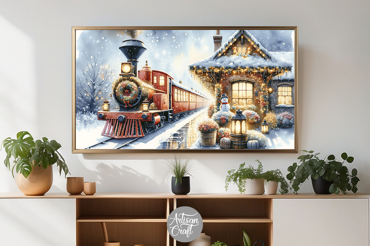 Christmas Train TV Art, Christmas Frame TV art, vintage train, snow man