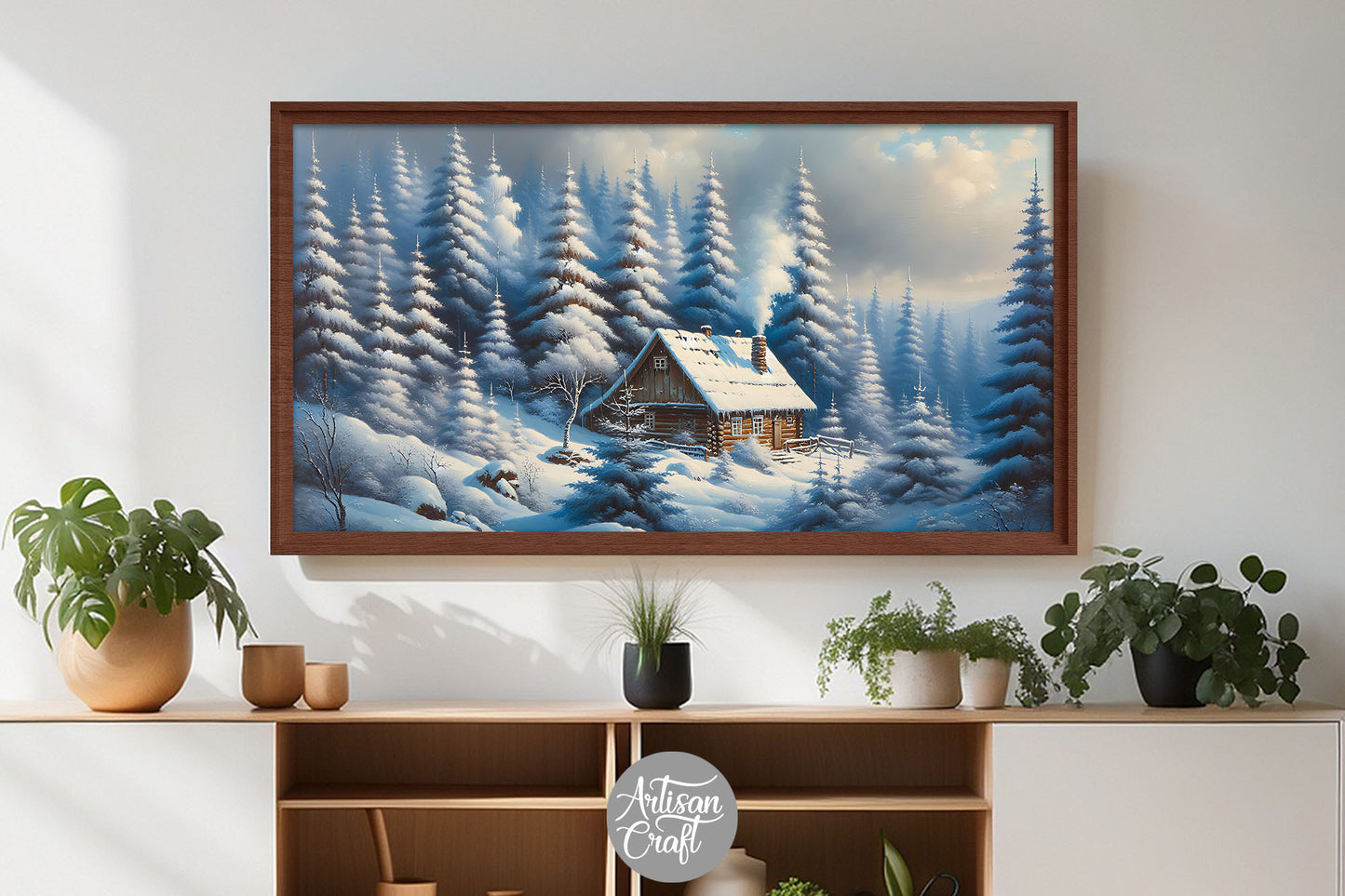 Winter Christmas Frame Tv Art, cottage in the forest