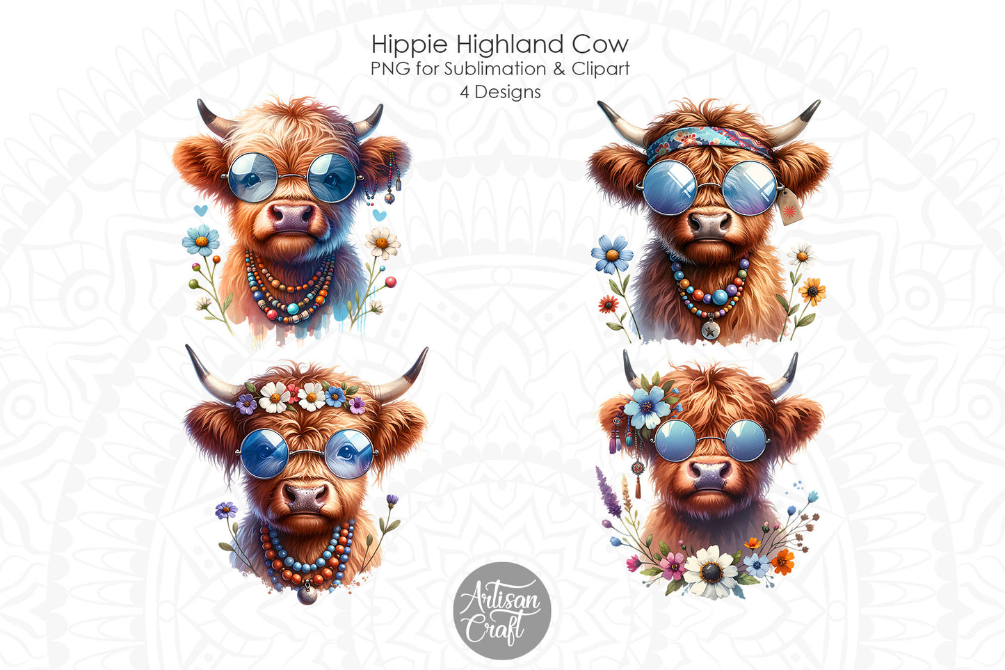 Hippie Highland Cow wearing glasses | beads | flowers