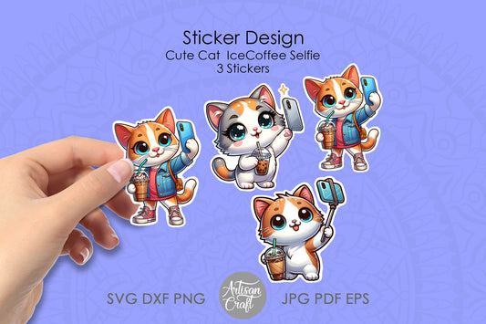 Cute Cat Sticker, Cat Selfie, cold coffee cup