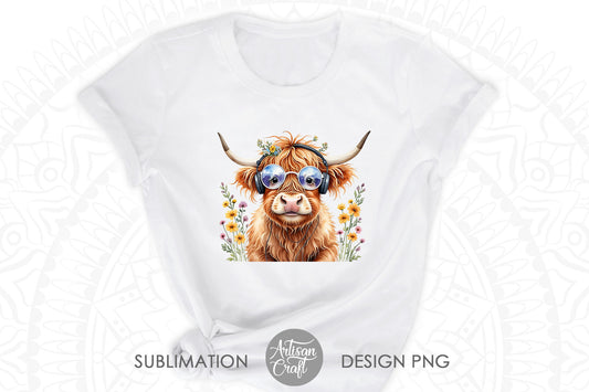 Highland cow with sunglasses, flowers and headphones PNG