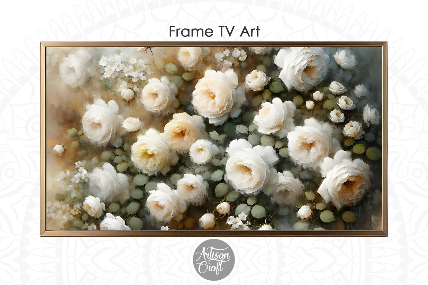 White roses Frame TV art, white rose oil painting