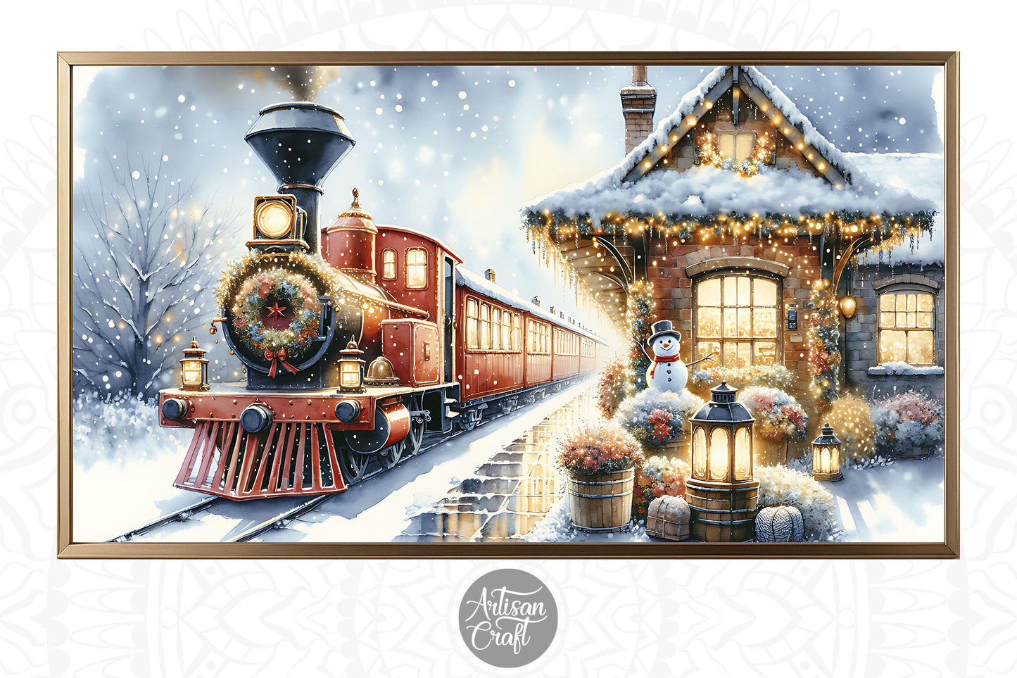 Christmas Train TV Art, Christmas Frame TV art, vintage train, snow man