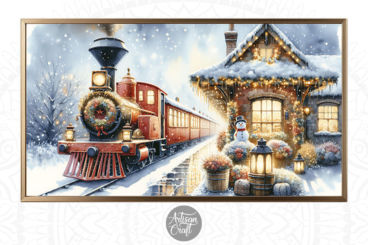 Christmas Train TV Art, Christmas Frame TV art, vintage train, snow man