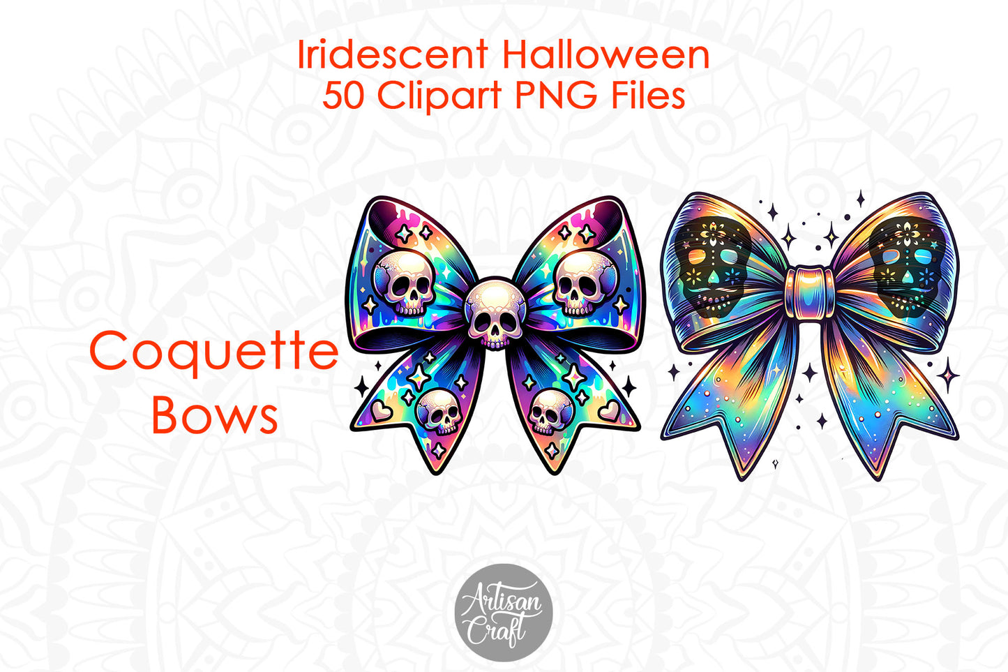 Iridescent Halloween Clipart, Halloween ghost, Coquette bow, dancing skeletons, cats, bats, witches hat, sugar skull, 50 PNG Images