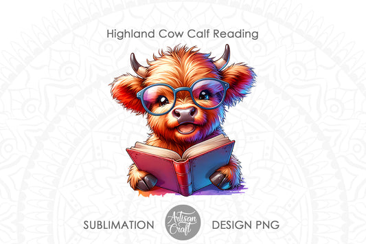 Cute highland cow reading a book with glasses