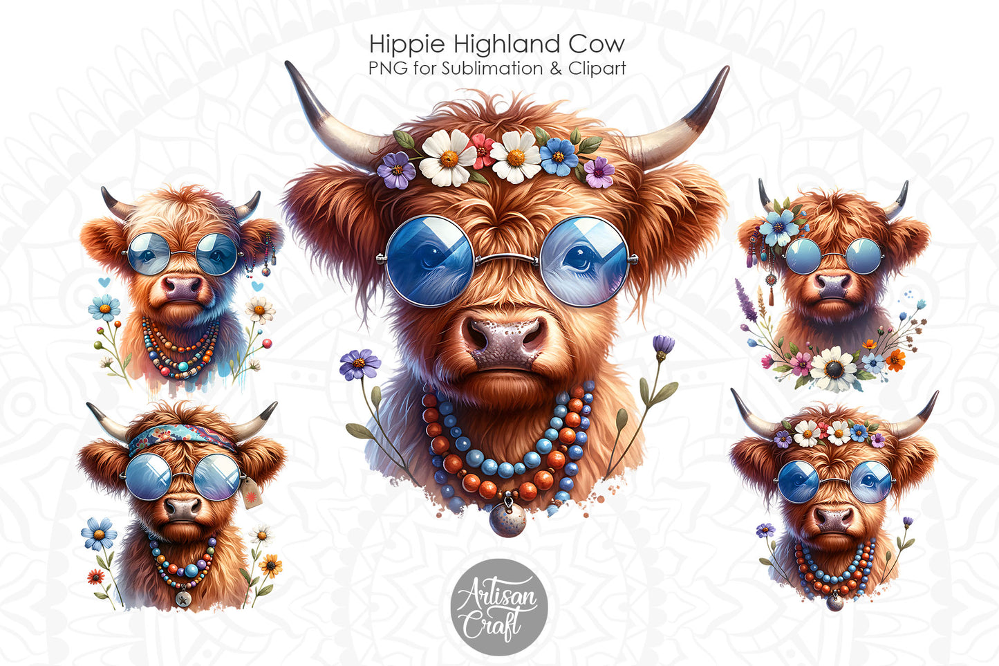 Hippie Highland Cow wearing glasses | beads | flowers