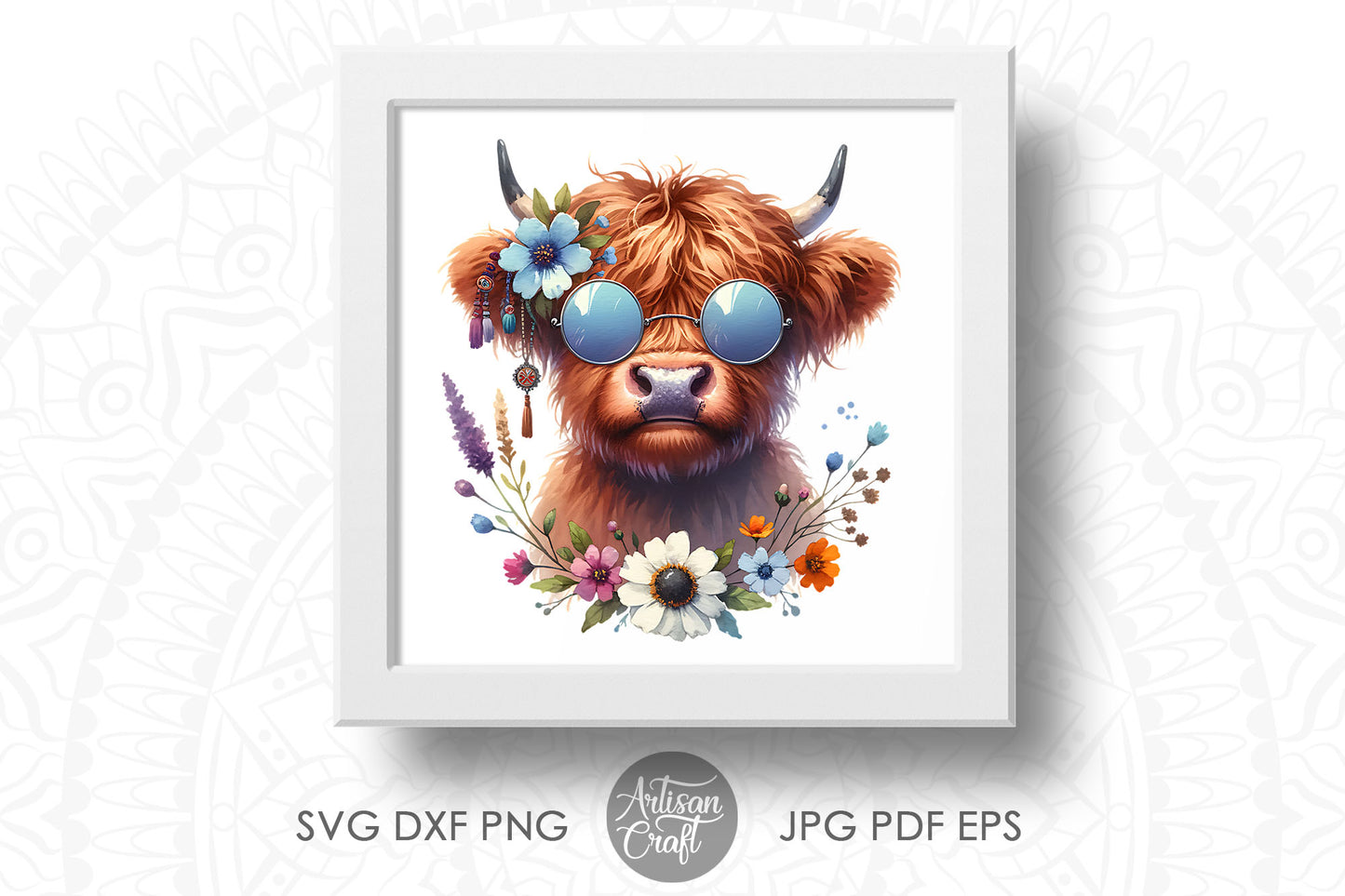 Hippie Highland Cow wearing glasses | beads | flowers