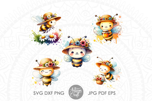 Honey bee clipart, flower hat, watercolor clipart, Cute Bee Clipart