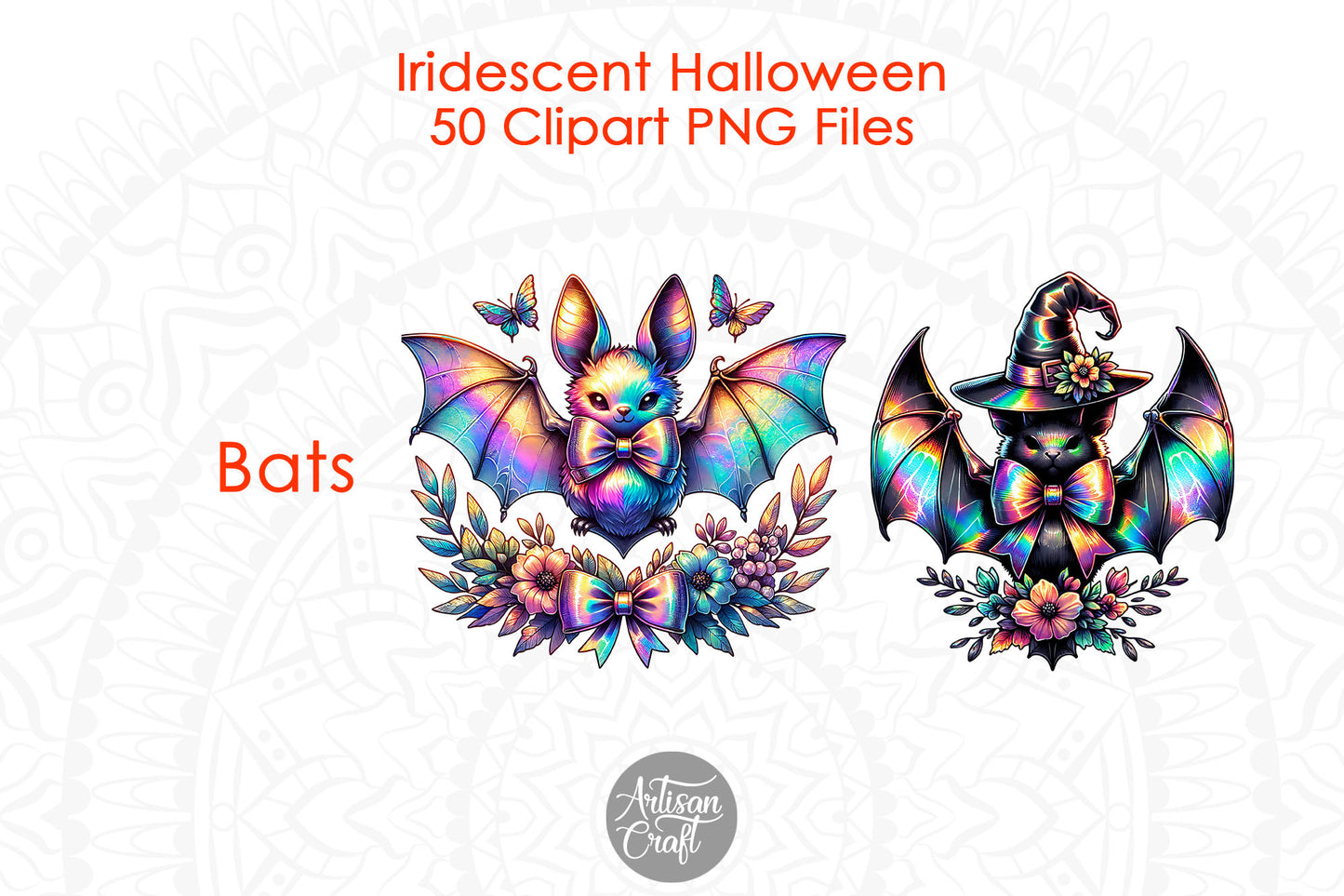 Iridescent Halloween Clipart, Halloween ghost, Coquette bow, dancing skeletons, cats, bats, witches hat, sugar skull, 50 PNG Images